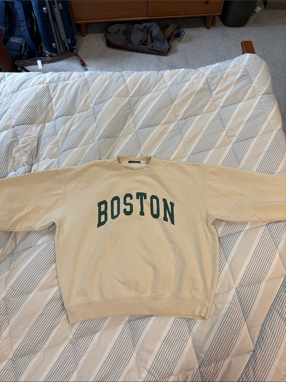 Brandy Melville Cream Crewneck with Green Boston Logo